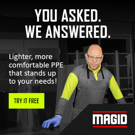 a man models the lighter, more comfortable protective apron, shirt and gloves from Magid 