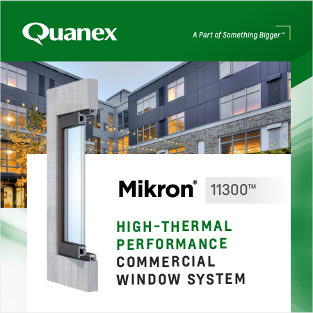an inset photo of a cutaway view of the mikron 11300 high-thermal performance commercial window system shown in front of a building with illuminated windows