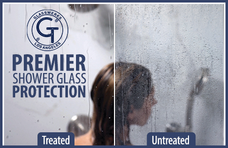 a photo on the right shows shower glass treated with diamon-fusion glass protection with minimal condensation compared with a photo on the left of untreated shower glass obscured by water droplets and condensation
