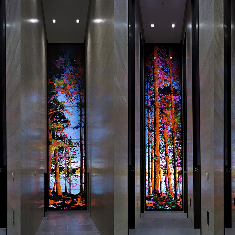 The interior of 81 Bay St, CIBC Square in Toronto, Canada features an arresting public art project, created by artist Steve Driscoll and fabricated by Imagic Glass. 