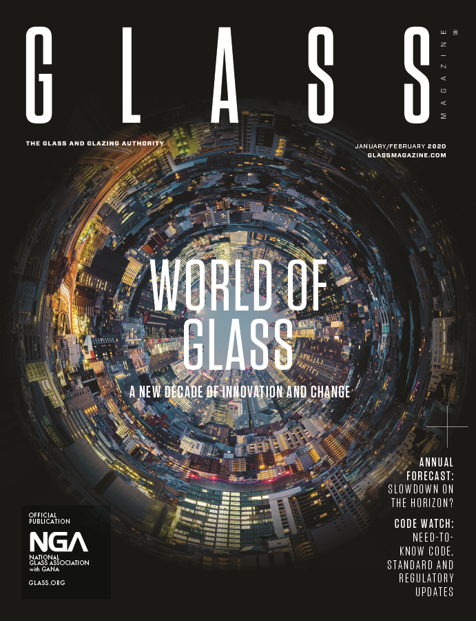 Graphic of glass around the world on cover of January/February Glass Magazine