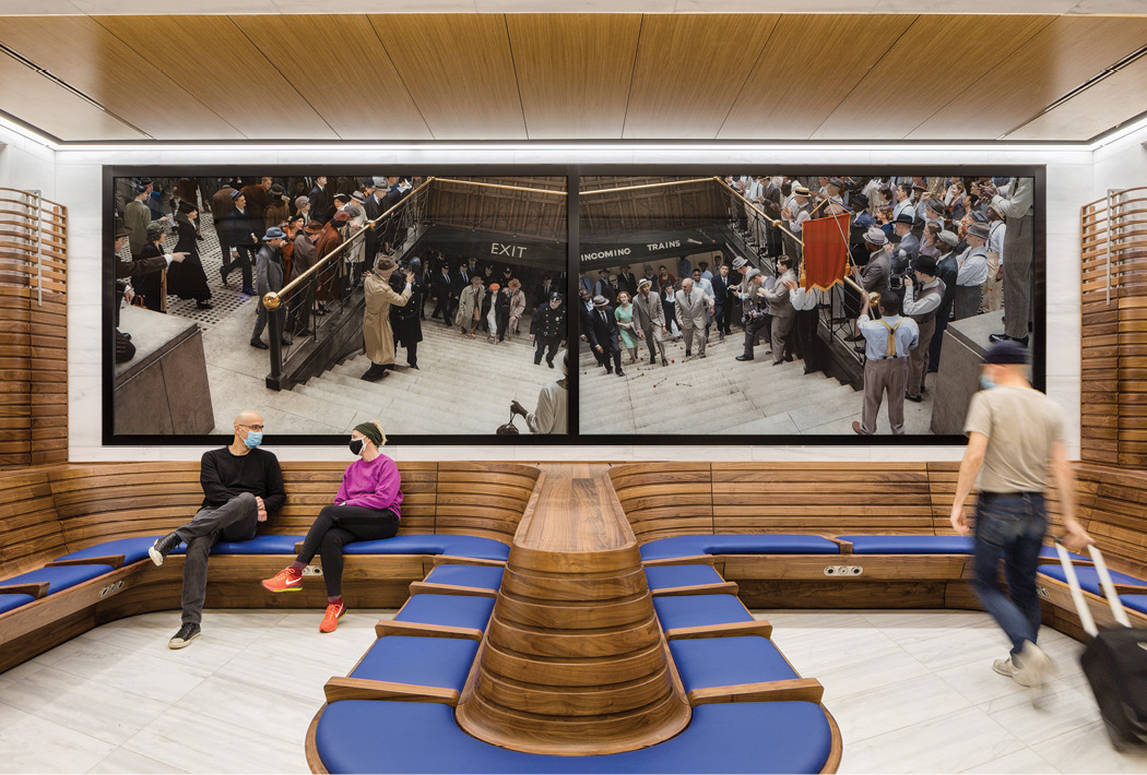 Train hall featuring digitally printed glass images