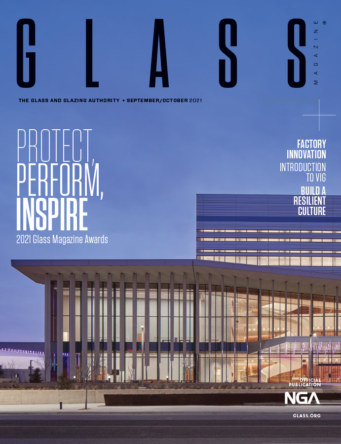 September October issue of Glass Magazine featuring the Buddy Holly Hall of Performing Arts and Sciences building in Lubbock Texas and other winners of the 2021 Glass Magazine Awards