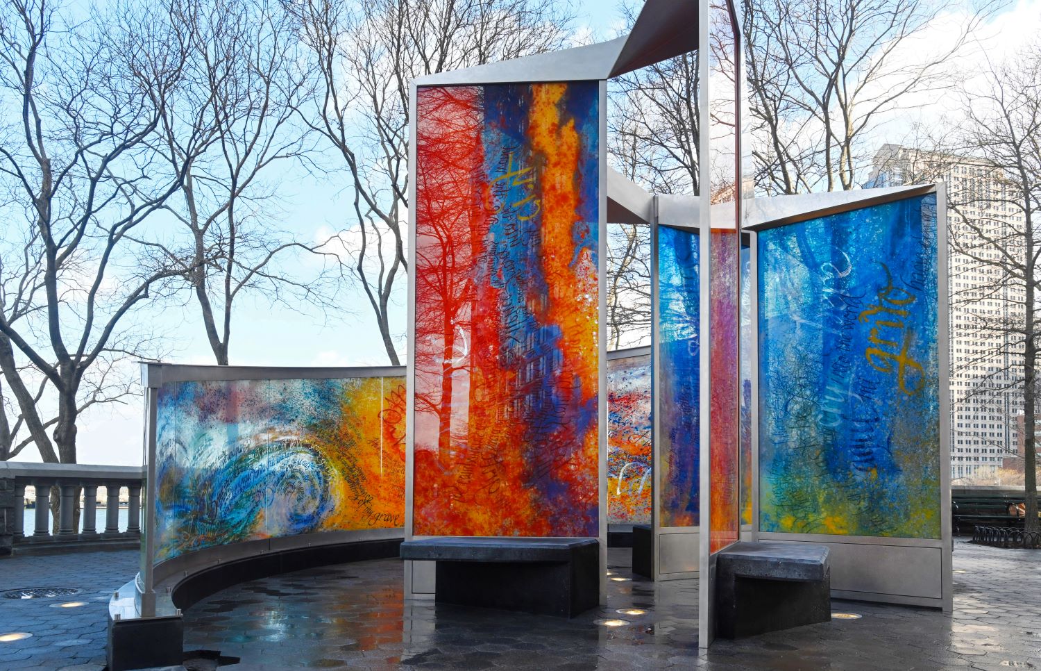Spiral glass Hurricane Maria Memorial in New York City