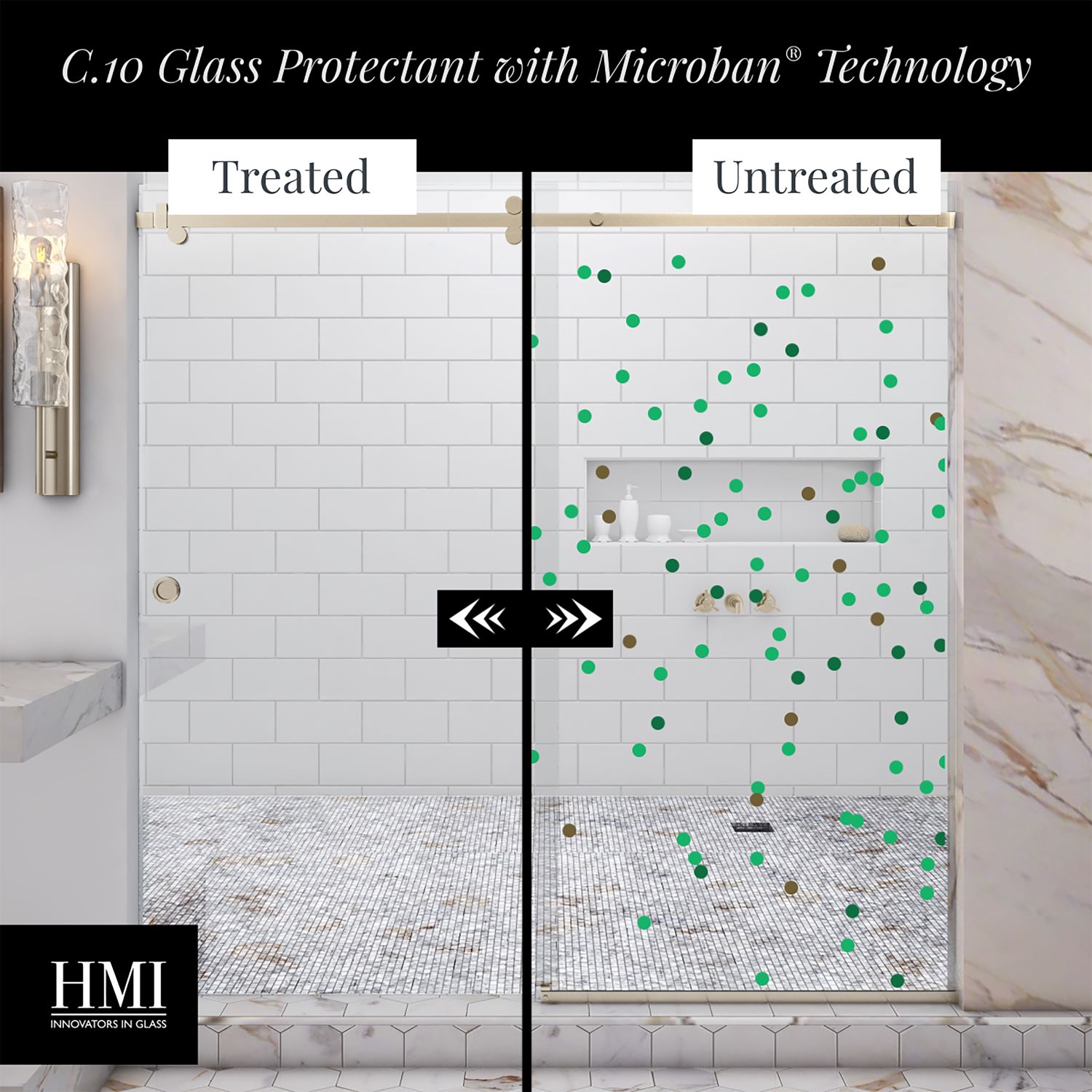 Treated and untreated shower enclosure showing benefit of protective antimicrobial glass coating