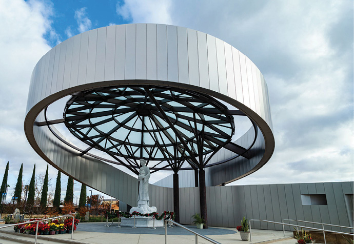 Shrine with custom-fabricated glass panel roof