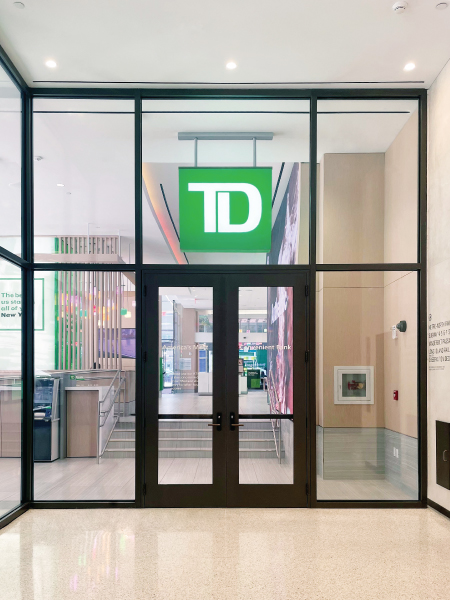 the entrance to a TD Bank branch featuring GPX Builders Series Doors from SAFTI First