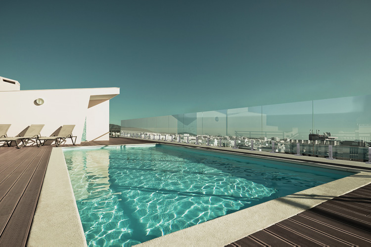 rooftop swimming pool with glass railing system