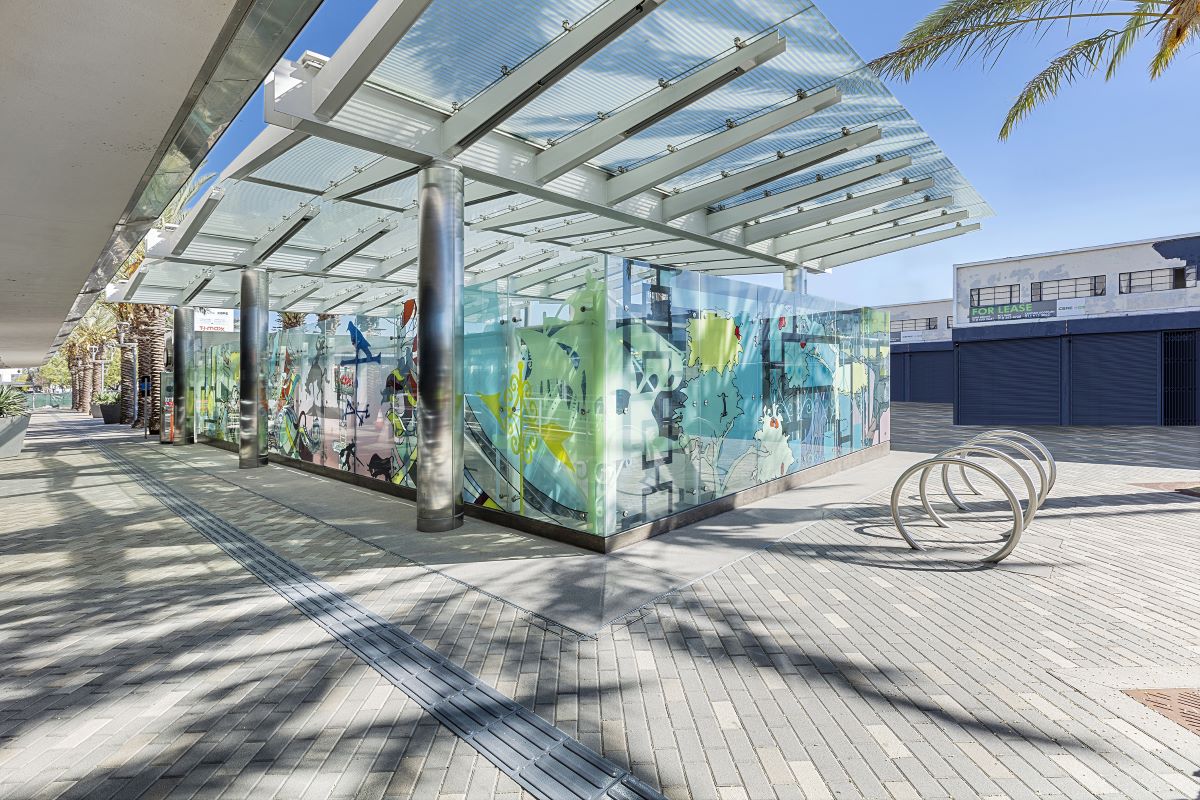 airport entrance with painted glass