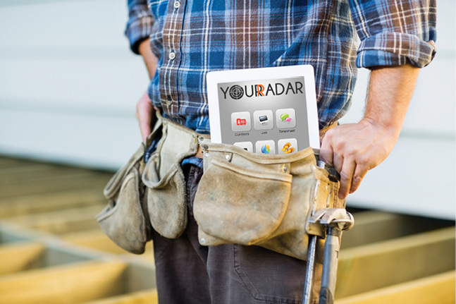 worker with tablet in toolbelt