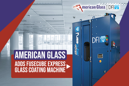 an empty office space with insets of the American Glass Inc. logo and image of the DFI FuseCube Express glass coating machine