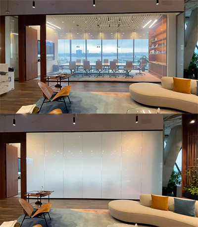 two views of a glass wall in a conference room, one clear glass and the second opaque after electricity is applied