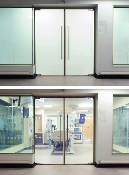 two views of a glass door and side windows in a conference room, the first with opaque glass and the second clear after electricity is turned off