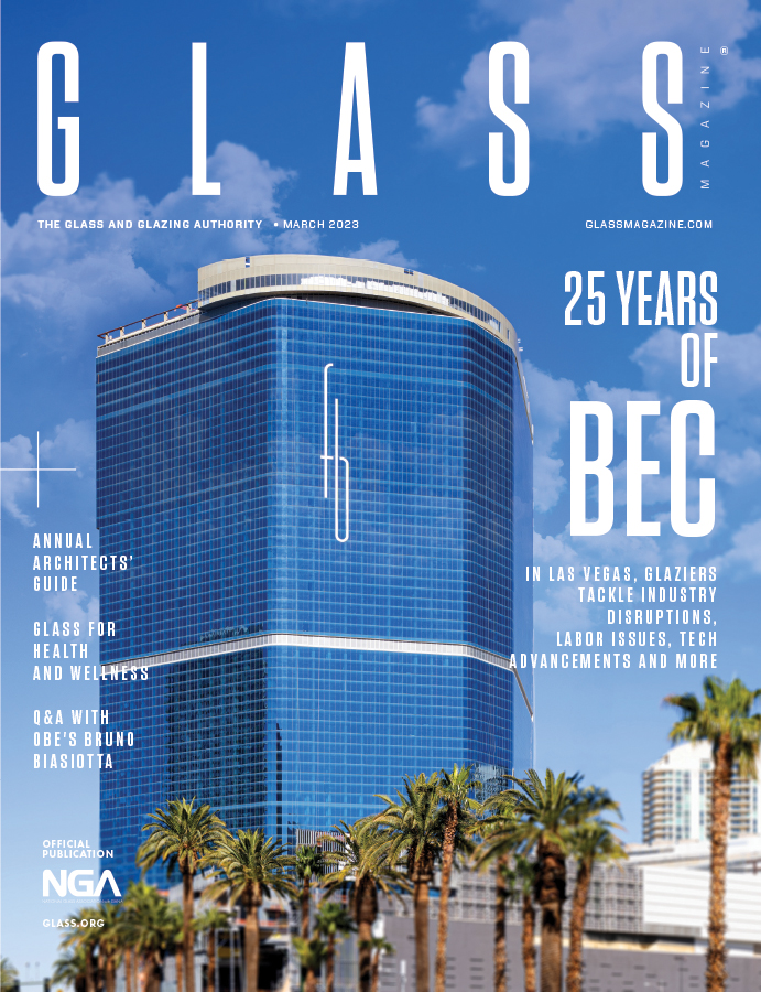 the striking blue glass-clad 67-story Fontainebleau Las Vegas is featured on the cover of the march issue of Glass Magazine