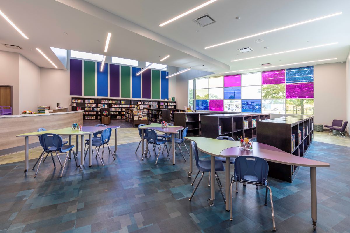 classroom with colorful glass