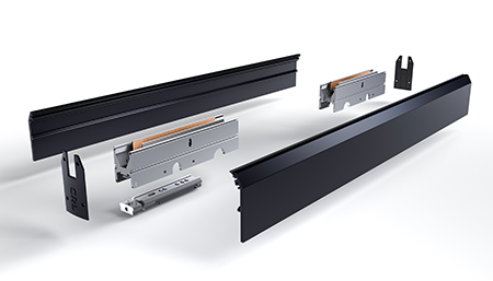 a view of the component parts of a standard door rail that make up the DRX Modular Door Rail System from CRL