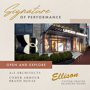 an exterior image showing the storefront of the under armour brand house designed with custom crafted balanced doors by ellison