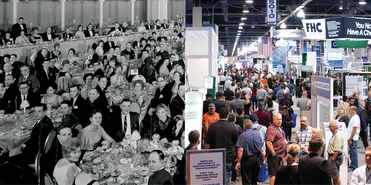 on the left, dinner during an NGA conference in the 1960s; on the right, GlassBuild 2022 show floor