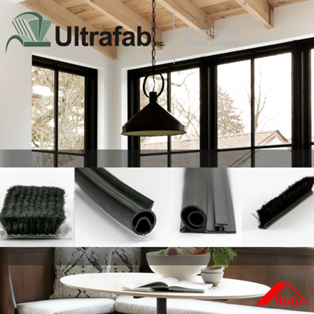 an interior photograph of a window with black frames with an inset of four different types of black seals from Ultrafab