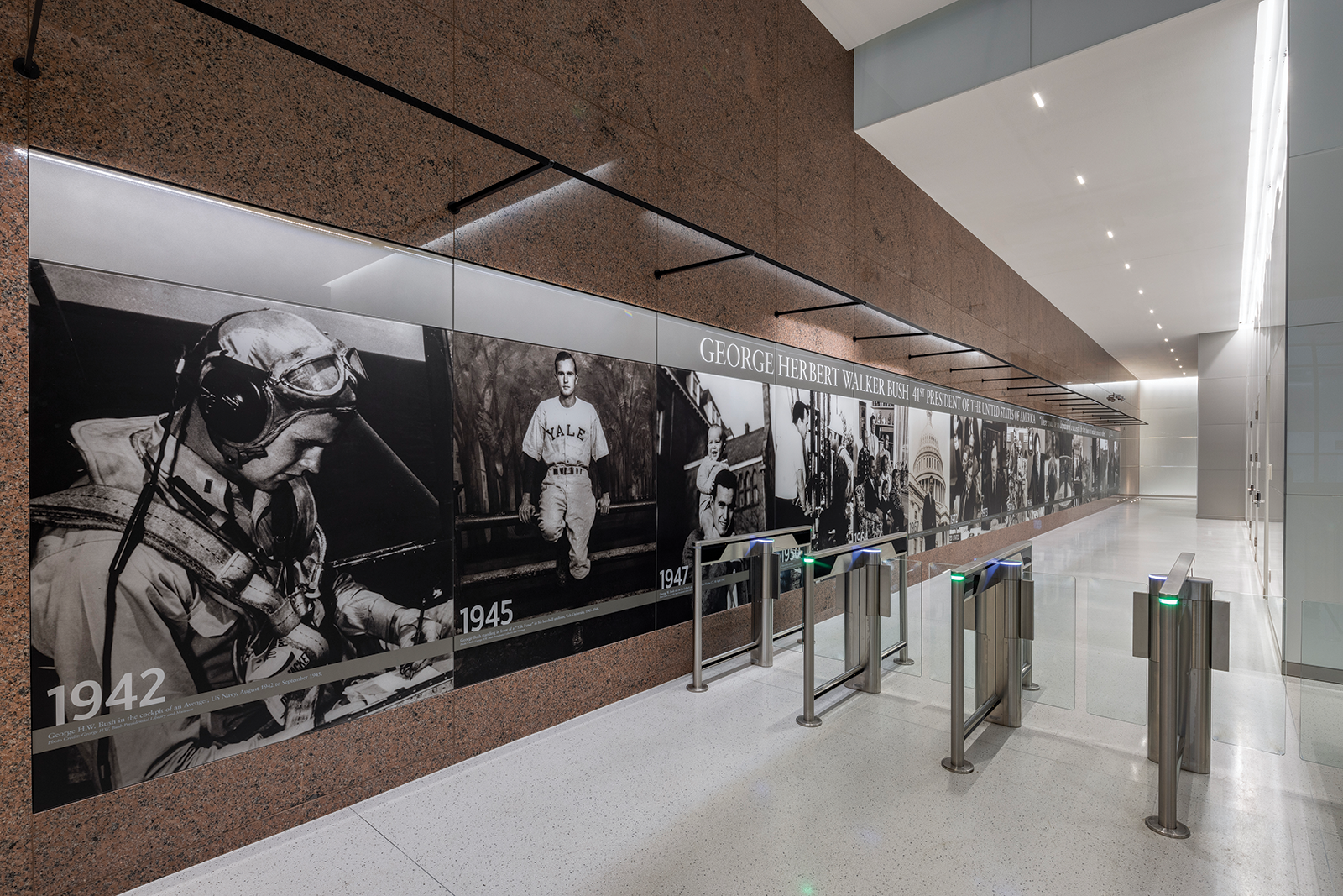 lobby with large images printed on glass