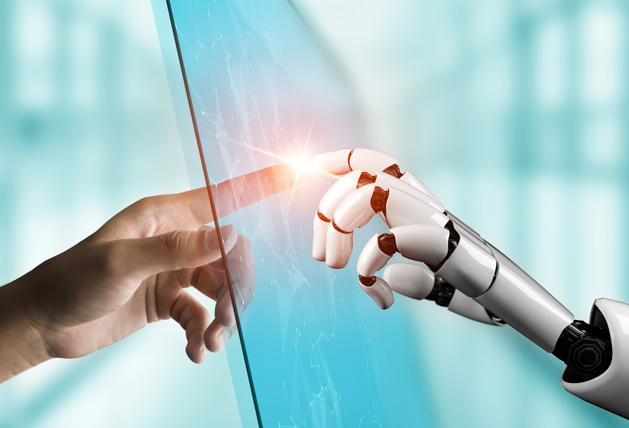 futuristic AI robot interacting with a human touching glass
