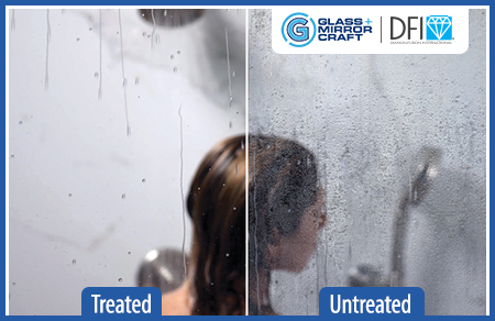 a photo on the right shows shower glass treated with diamon-fusion glass protection with minimal condensation compared with a photo on the left of untreated shower glass obscured by water droplets and condensation