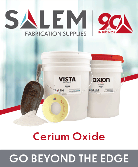 a rotating image featuring the salem fabrication supplies 90th anniversary logo at the top with tubs of cerium oxide with scoop leaning against the white tub, followed by two cerium polish wheels