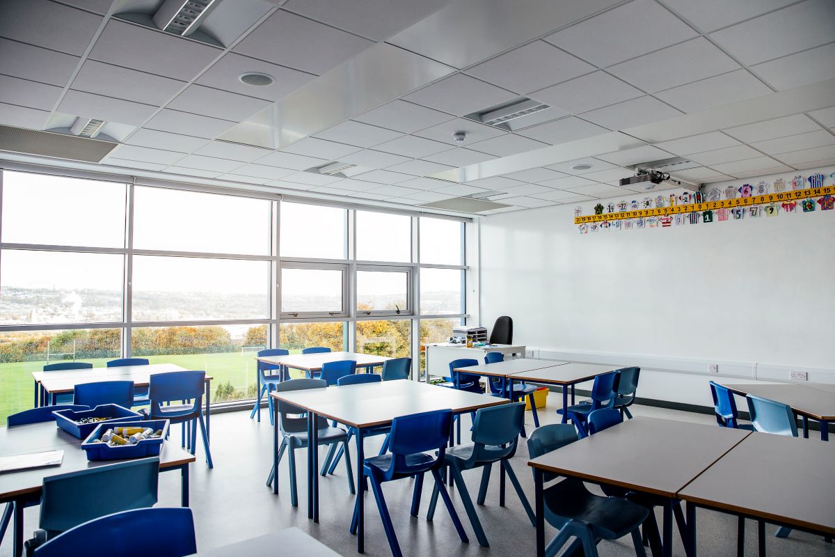 classroom with glass window wall