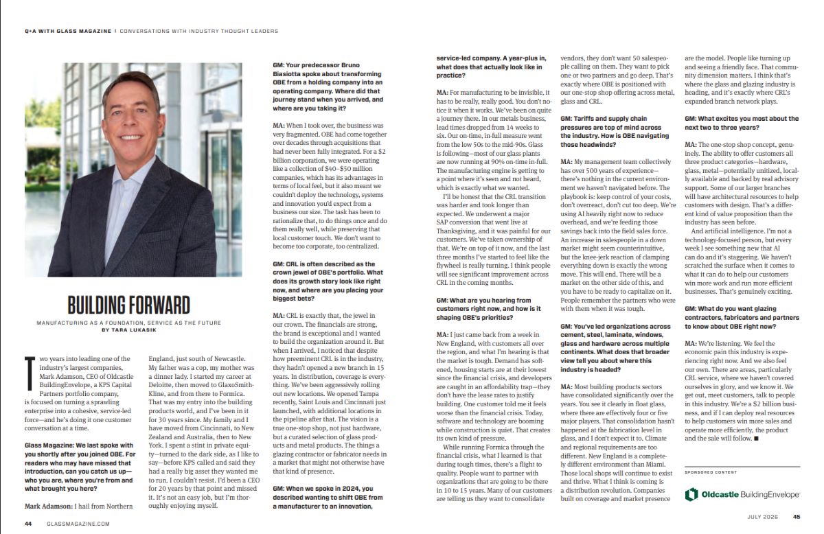 A two-page sponsored Q and A spread in Glass Magazine featuring OBE