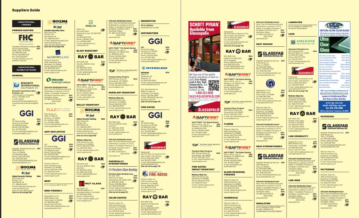 A two-page spread of the Glass Magazine Suppliers Guide, showing the yellow-highlighted directory section with category listings and display ads