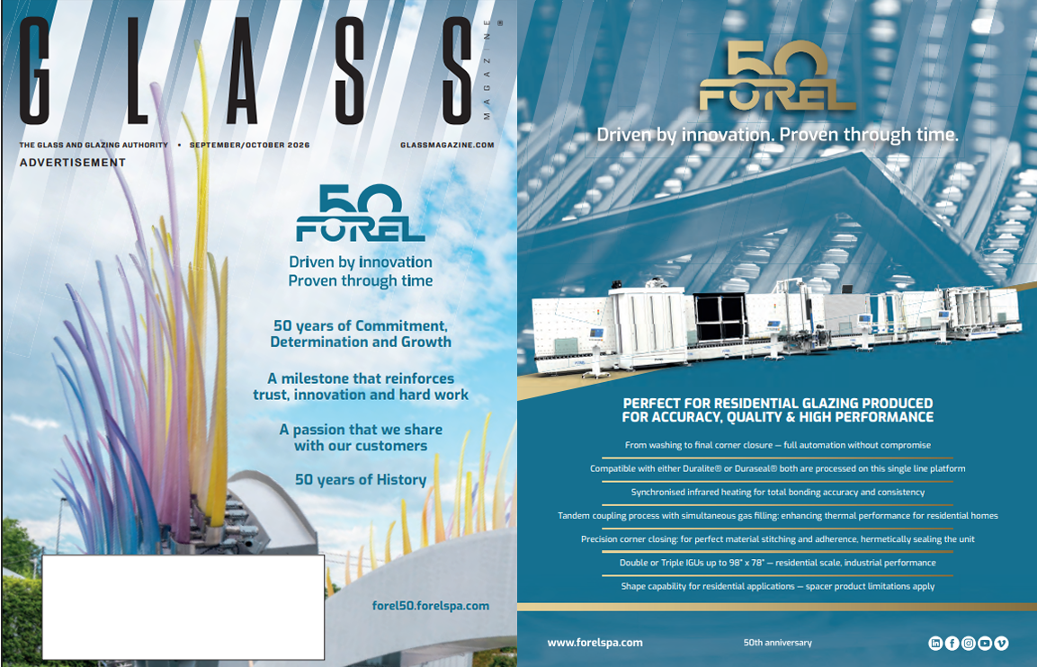 a premium cover-tip for the September/October 2026 GlassBuild America issue of Glass Magazine, showing two full-pages of advertisement as the mailing cover front and back