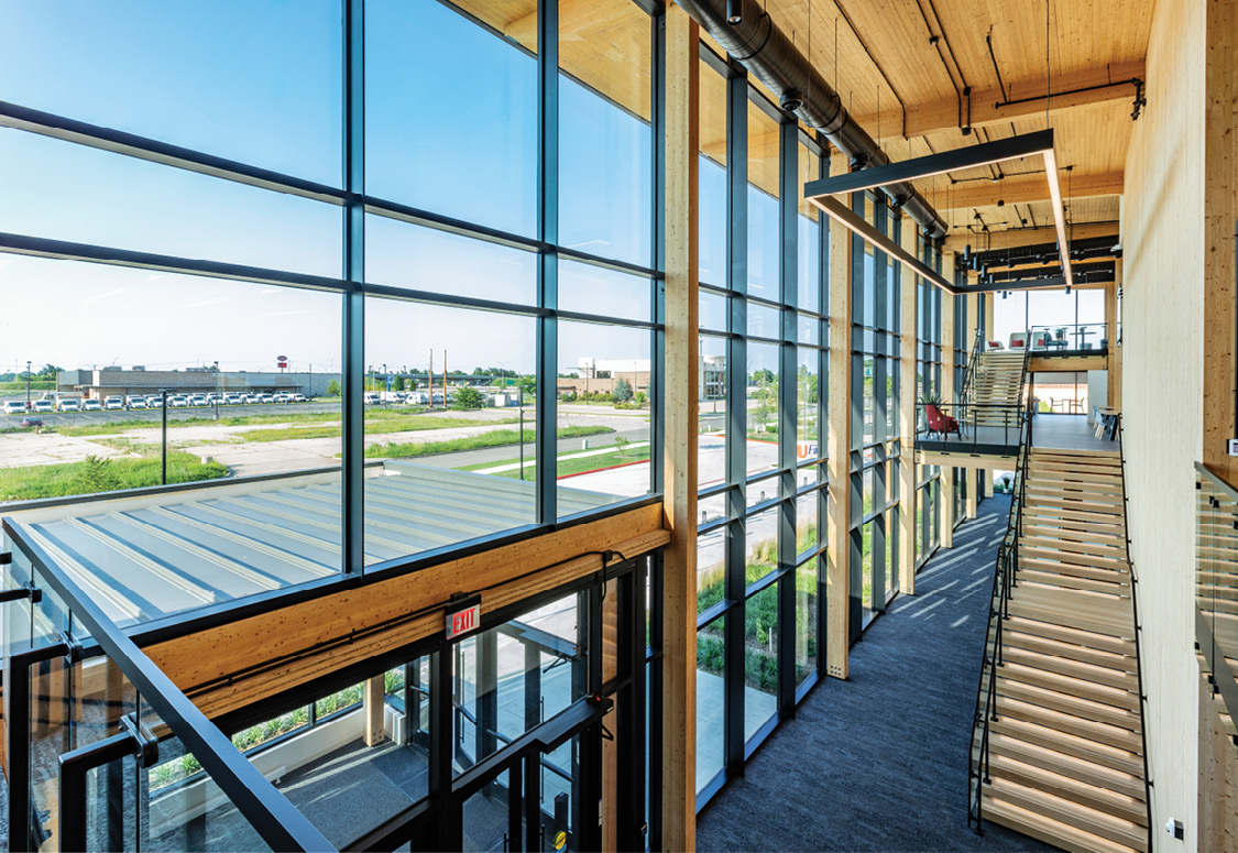interior of glass and timber curtain wall