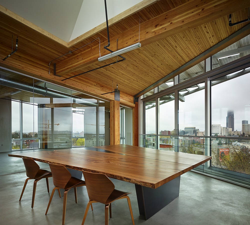 interior office building looking out through floor to ceiling windows