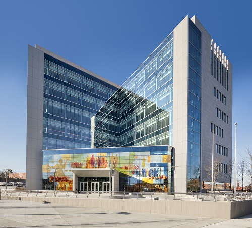 exterior of lowell justice center featuring a digital printed entrance