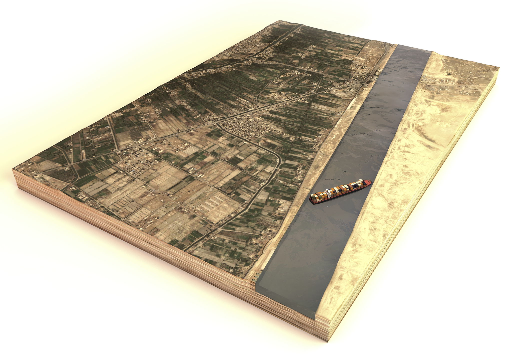 Satellite view of the Suez Canal. Reconstruction of the container ship stranded in the canal. 