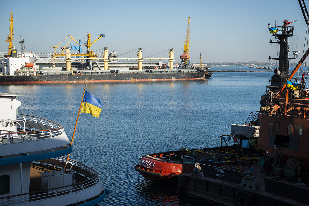 The Ukrainian flag flies from the stern of a ship in the Black Sea port of Odessa, Ukraine, on September 16, 2016.