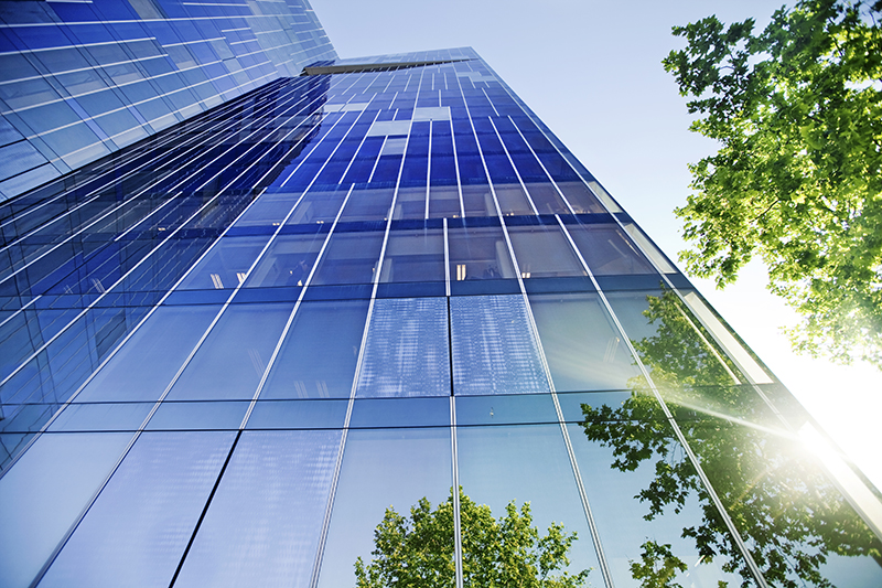 Glass building with treees