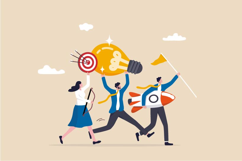 Three people run forward, one with a target, one with a light bulb, one with a rocketh