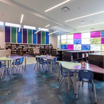 classroom with colorful glass