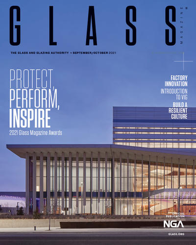 September October issue of Glass Magazine featuring the Buddy Holly Hall of Performing Arts and Sciences building in Lubbock Texas and other winners of the 2021 Glass Magazine Awards