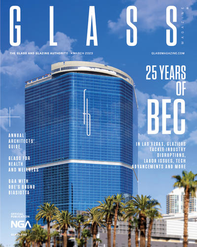 the striking blue glass-clad 67-story Fontainebleau Las Vegas is featured on the cover of the march issue of Glass Magazine