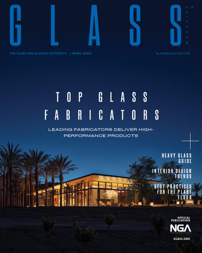 nighttime photo by Matthew Millman of the Caymus Winery’s new Visitor Experience Centre on the cover of the annual top fabricators issue of Glass Magazine