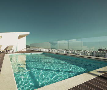 rooftop swimming pool with glass railing system