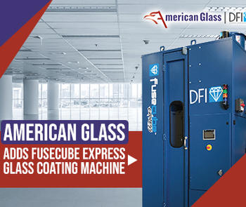 an empty office space with insets of the American Glass Inc. logo and image of the DFI FuseCube Express glass coating machine