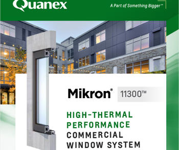 an inset photo of a cutaway view of the mikron 11300 high-thermal performance commercial window system shown in front of a building with illuminated windows