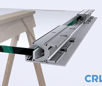 an image of glass with CRL DRX™ Modular Door Rail System attached to one side