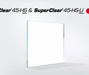 a pane of glass from SAFTI First with text announcing that  SuperClear® 45-HS and SuperClear® 45-HS-LI are now patented