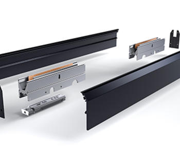 a view of the component parts of a standard door rail that make up the DRX Modular Door Rail System from CRL 