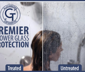 a photo on the right shows shower glass treated with diamon-fusion glass protection with minimal condensation compared with a photo on the left of untreated shower glass obscured by water droplets and condensation