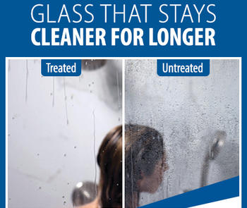 a photo on the right shows shower glass treated with diamon-fusion glass protection with minimal condensation compared with a photo on the left of untreated shower glass obscured by water droplets and condensation